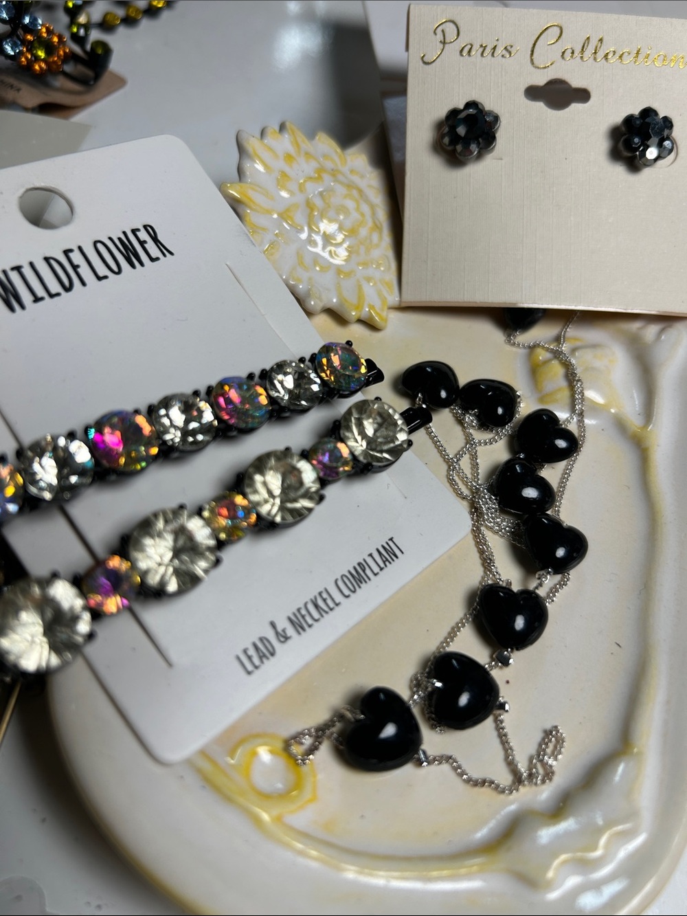 Black Heart Necklace with Iridescent Crystal Drop Earrings and heir clip
